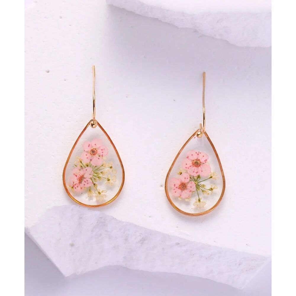 Handpainted Floral Teardrop Dangle Earrings Lightwght Pink Drop Gold Pendant New